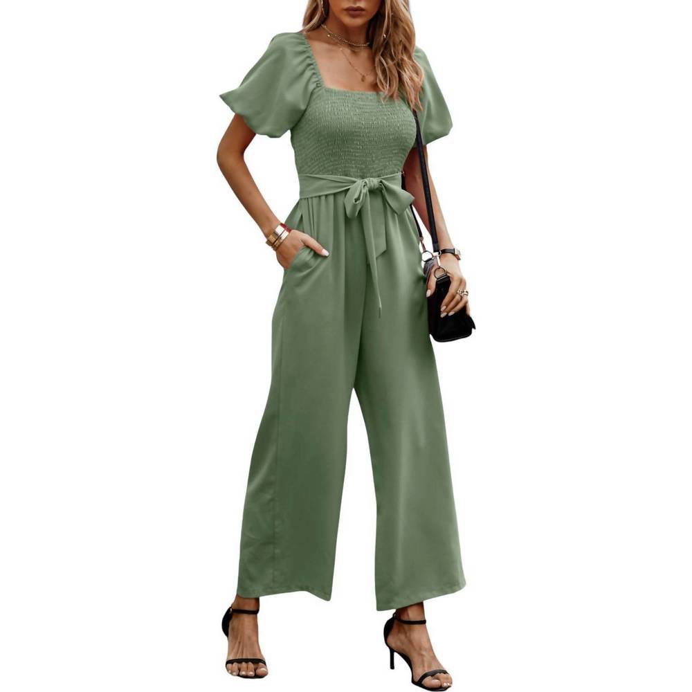 NEW ELOOK smocked wide leg jumpsuit in green